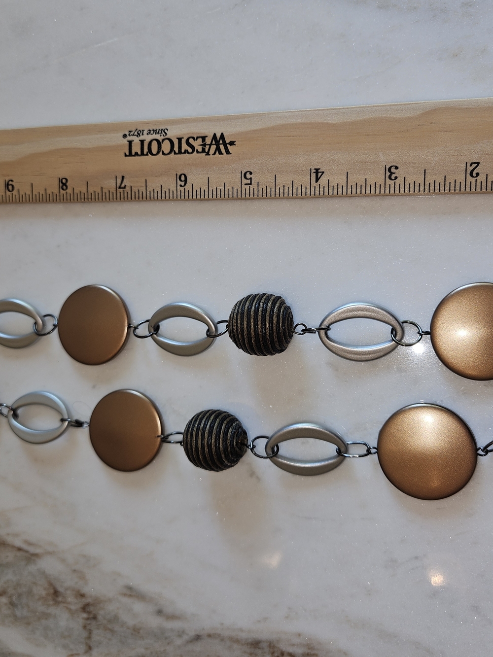 Long Metallic Disc and Oval Link Necklace in Bronze and Silver